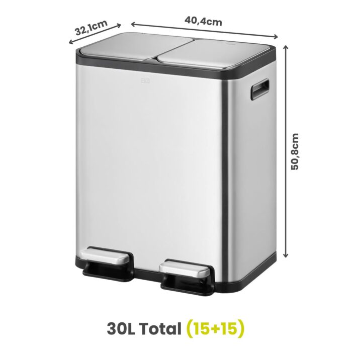 Papelera Premium Reciclaje Eko EcoCasa 15+15L - Pedal, Acero Inoxidable - Imagen 2