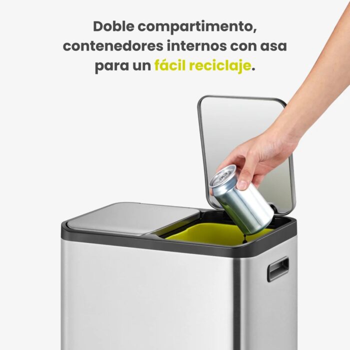 Papelera Premium Reciclaje Eko EcoCasa 15+15L - Pedal, Acero Inoxidable - Imagen 3