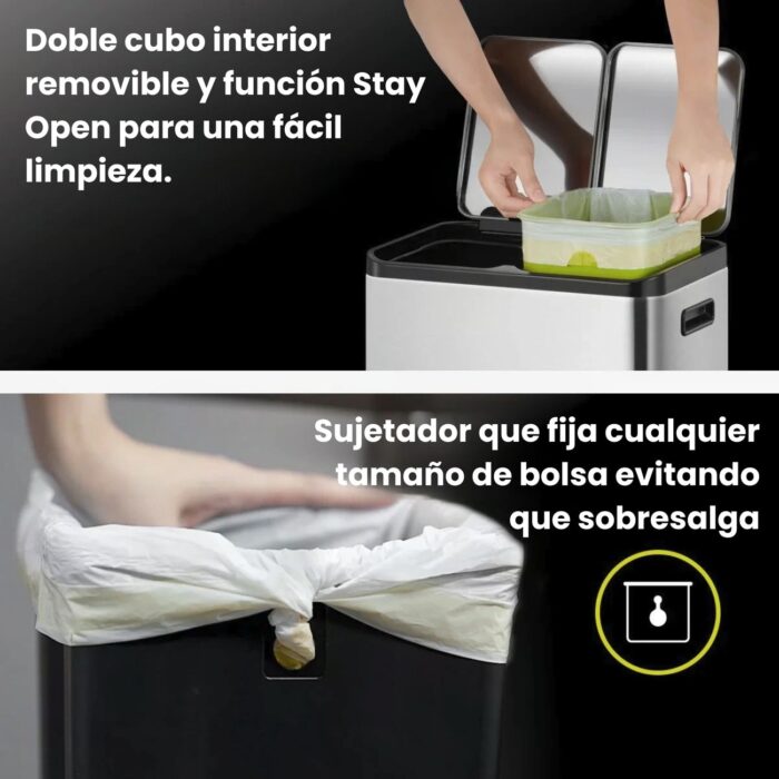 Papelera Premium Reciclaje Eko EcoCasa 15+15L - Pedal, Acero Inoxidable - Imagen 8