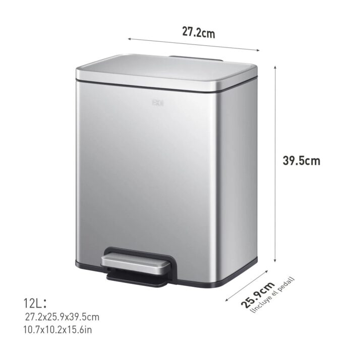 Papelera Premium Eko Madison Rectangular 12L - Pedal, Acero Inoxidable - Imagen 2