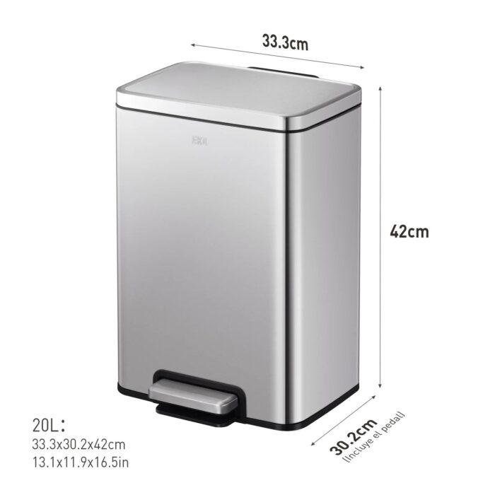 Papelera Premium Eko Madison Rectangular 20L - Pedal, Acero Inoxidable - Imagen 2