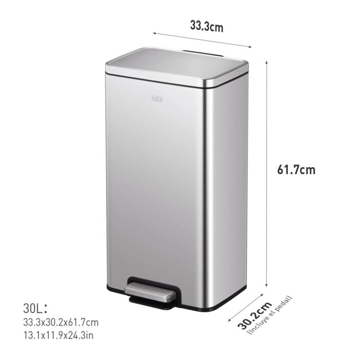 Papelera Premium Eko Madison Rectangular 30L - Pedal, Acero Inoxidable - Imagen 2