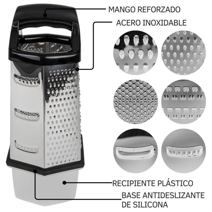 Rallador C&E 6 Caras, Acero Inoxidable - Con Recipiente - Imagen 4