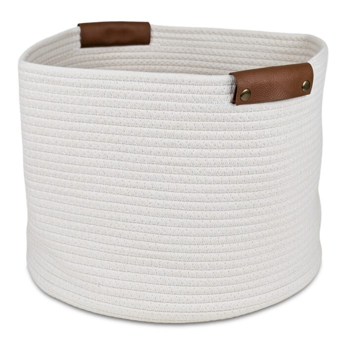 Cesto De Tela Blanco, Con Asas Marrones - 37x27cm - Imagen 1