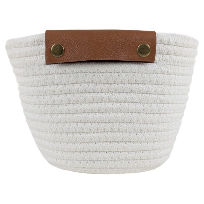 Cesto De Tela Blanco, Con Asas Marrones - 31x21cm - Imagen 3