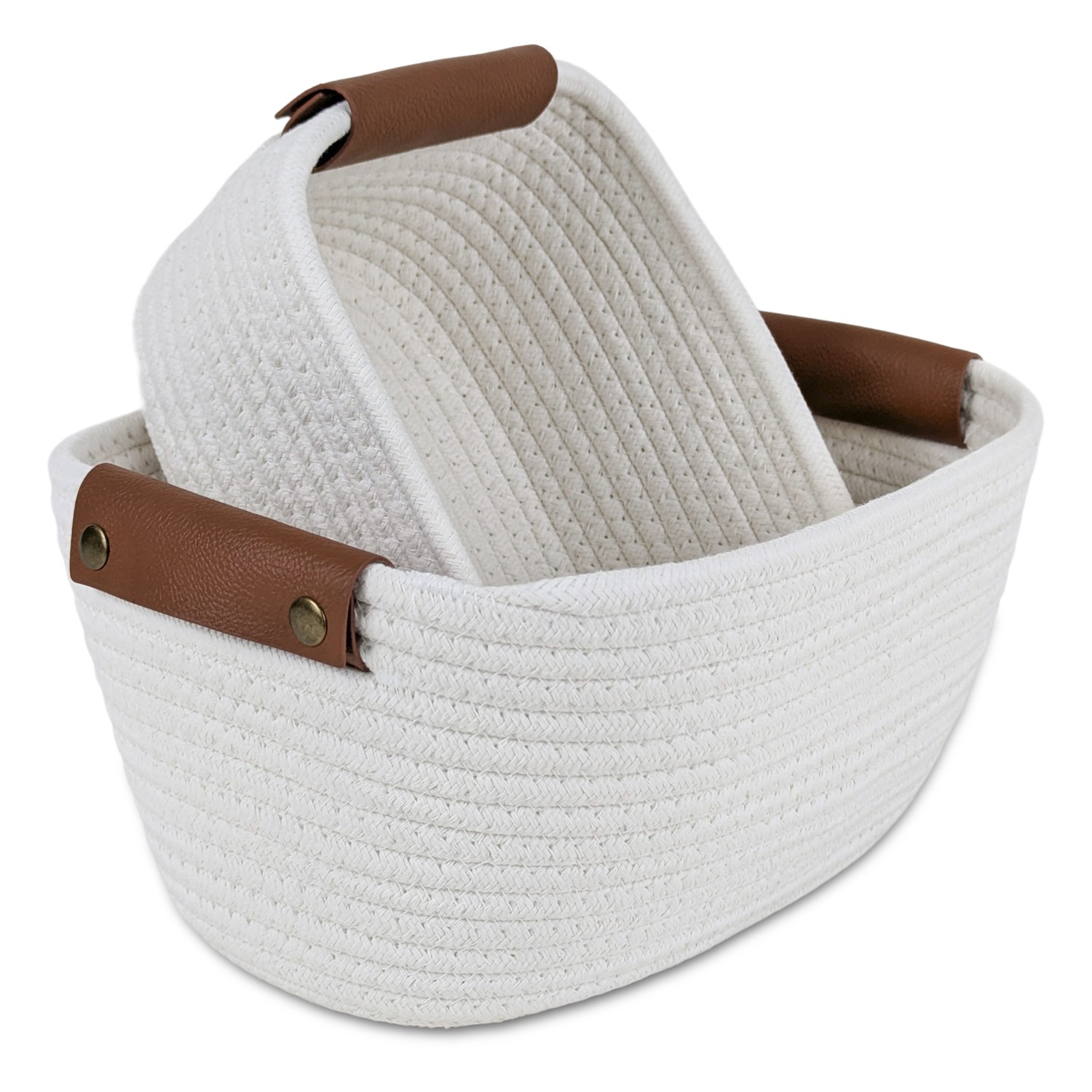 JY1092_SET01 Cesto De Tela Blanco, Con Asas Marrones - Set x 2 - Imagen 1