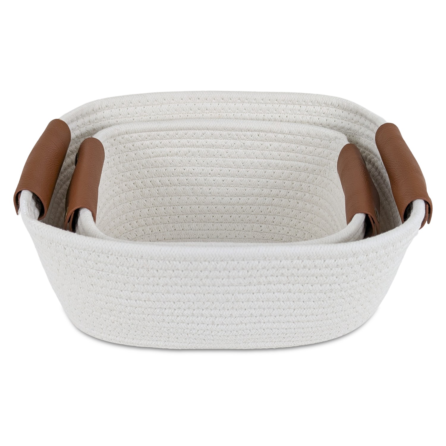 JY1092_SET02 Cesto De Tela Blanco, Con Asas Marrones - Set x 2 - Imagen 2