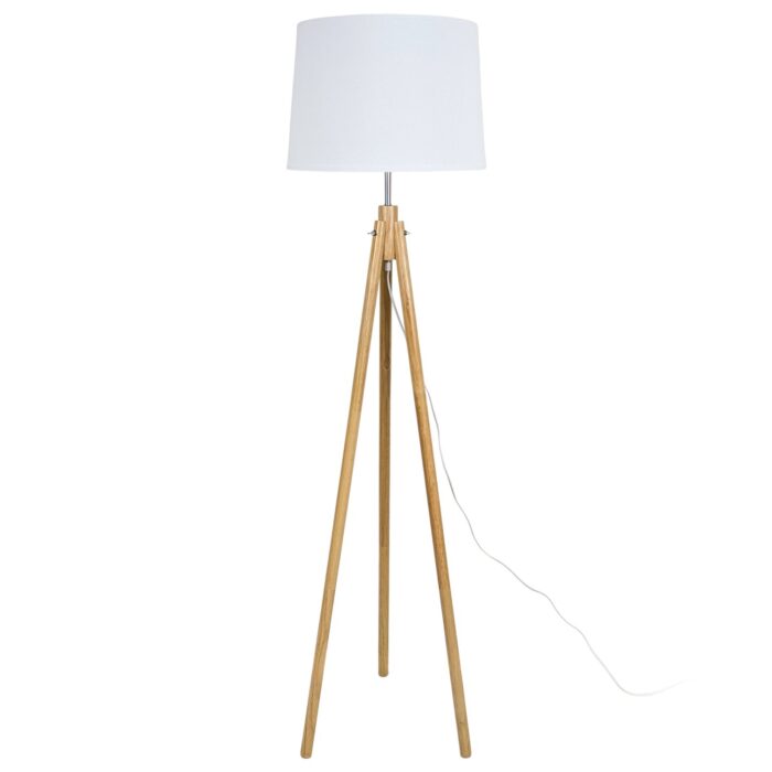 Lámpara De Pie Trípode De Madera, Tono Claro, Pantalla Blanca - Imagen 1
