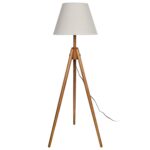 Lámpara De Pie Trípode De Madera, Tono Oscuro, Pantalla Beige