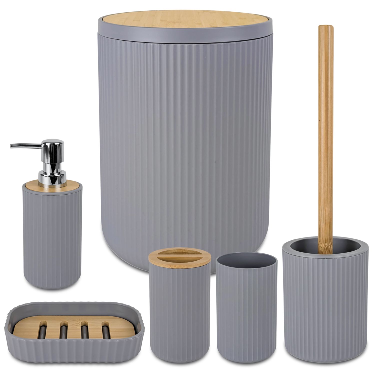 Ravena - Compilados Web - 131 Set De 6 Accesorios P/Baño Bathlux - Diseño Circular - Plástico Y Bambú - Imagen 1