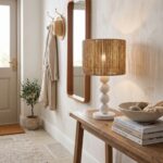 Lámpara De Mesa, Pantalla De Yute Con Base De Madera Con Esferas - Imagen 7